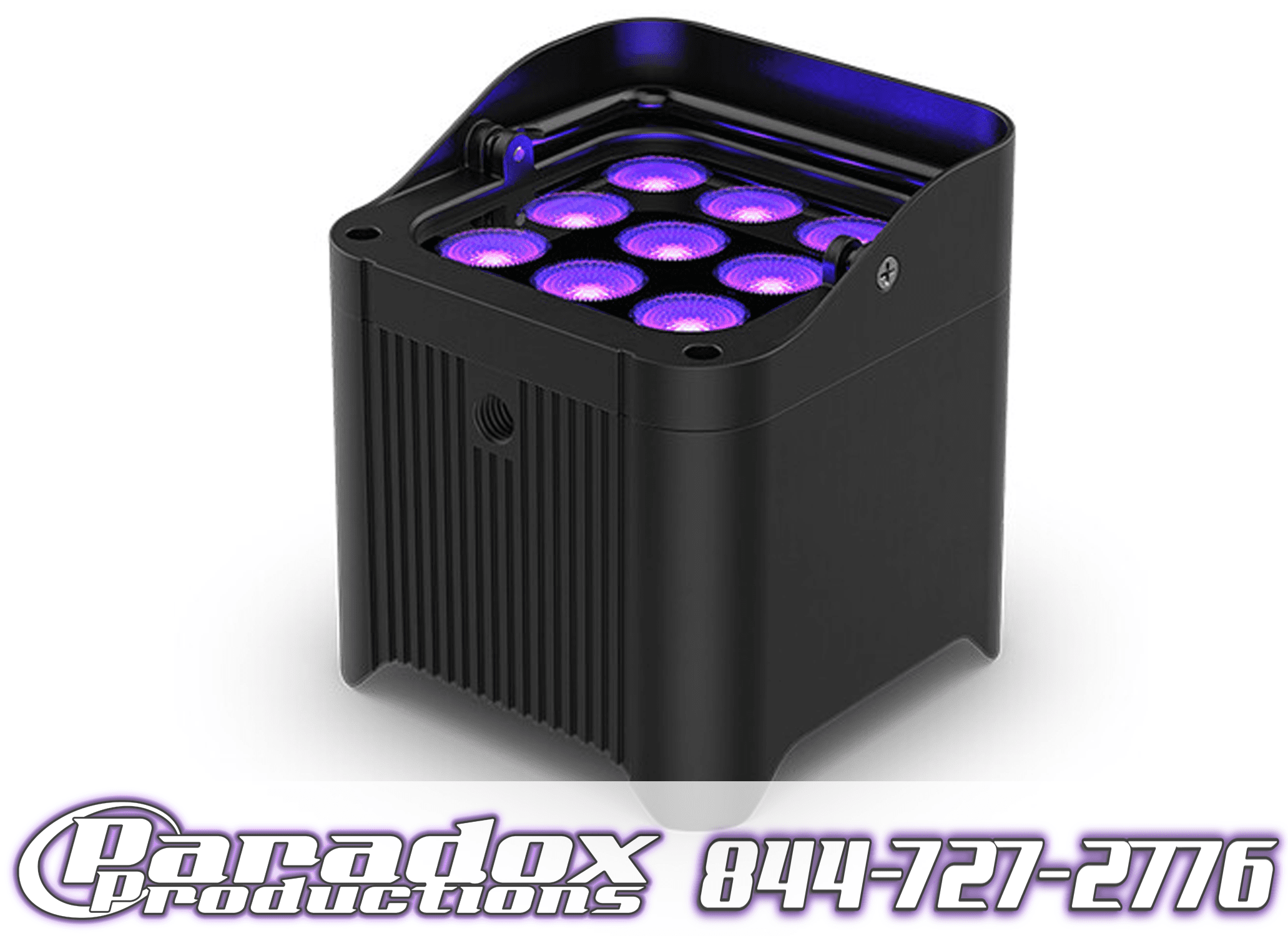 Black LED light featuring nine purple glowing bulbs, seamlessly controlled with Chauvet Flarecon. Marketed by Paradox Productions. For more information, contact 844-727-2776.