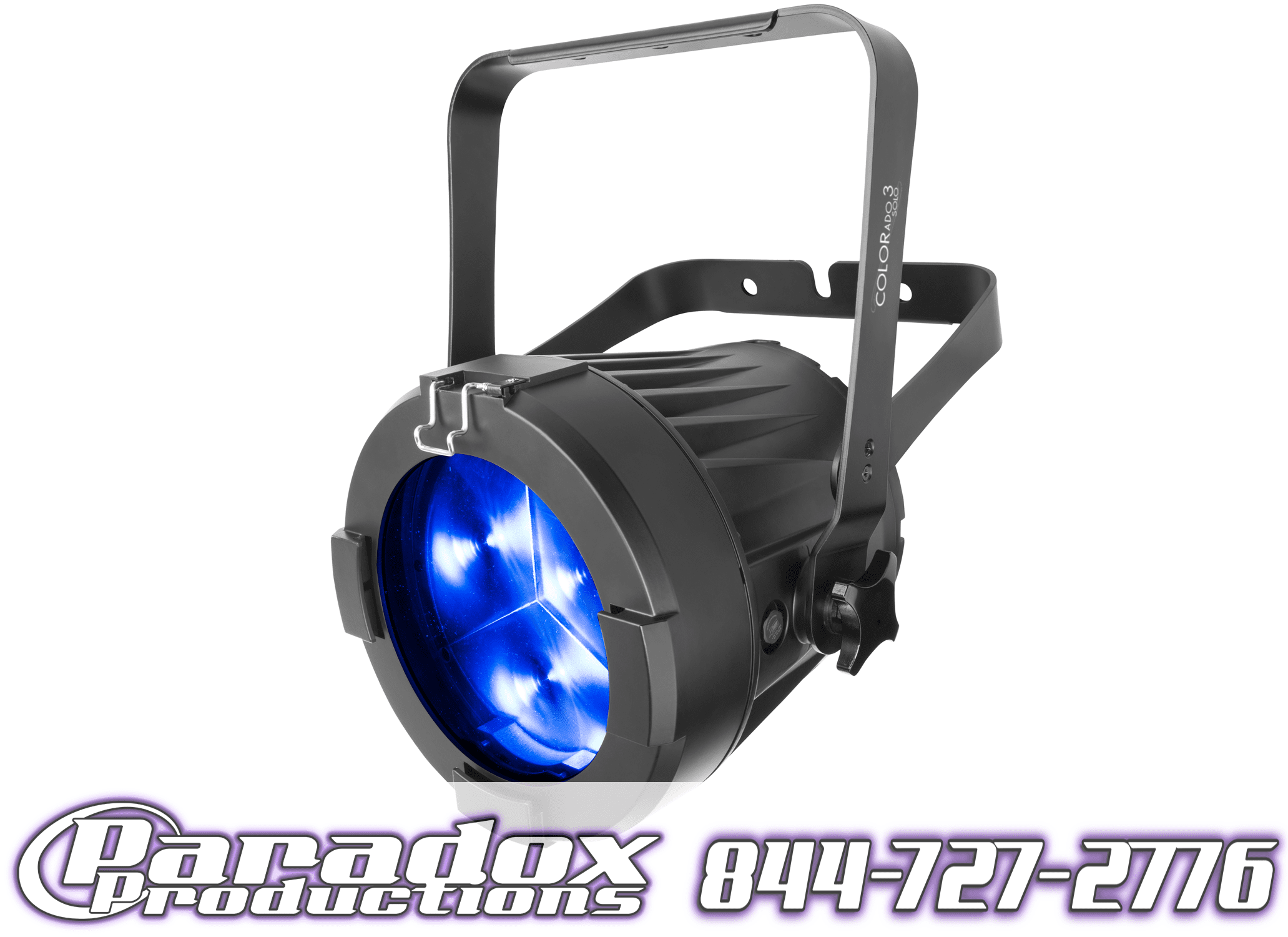 A blue led stage light with a logo on it.