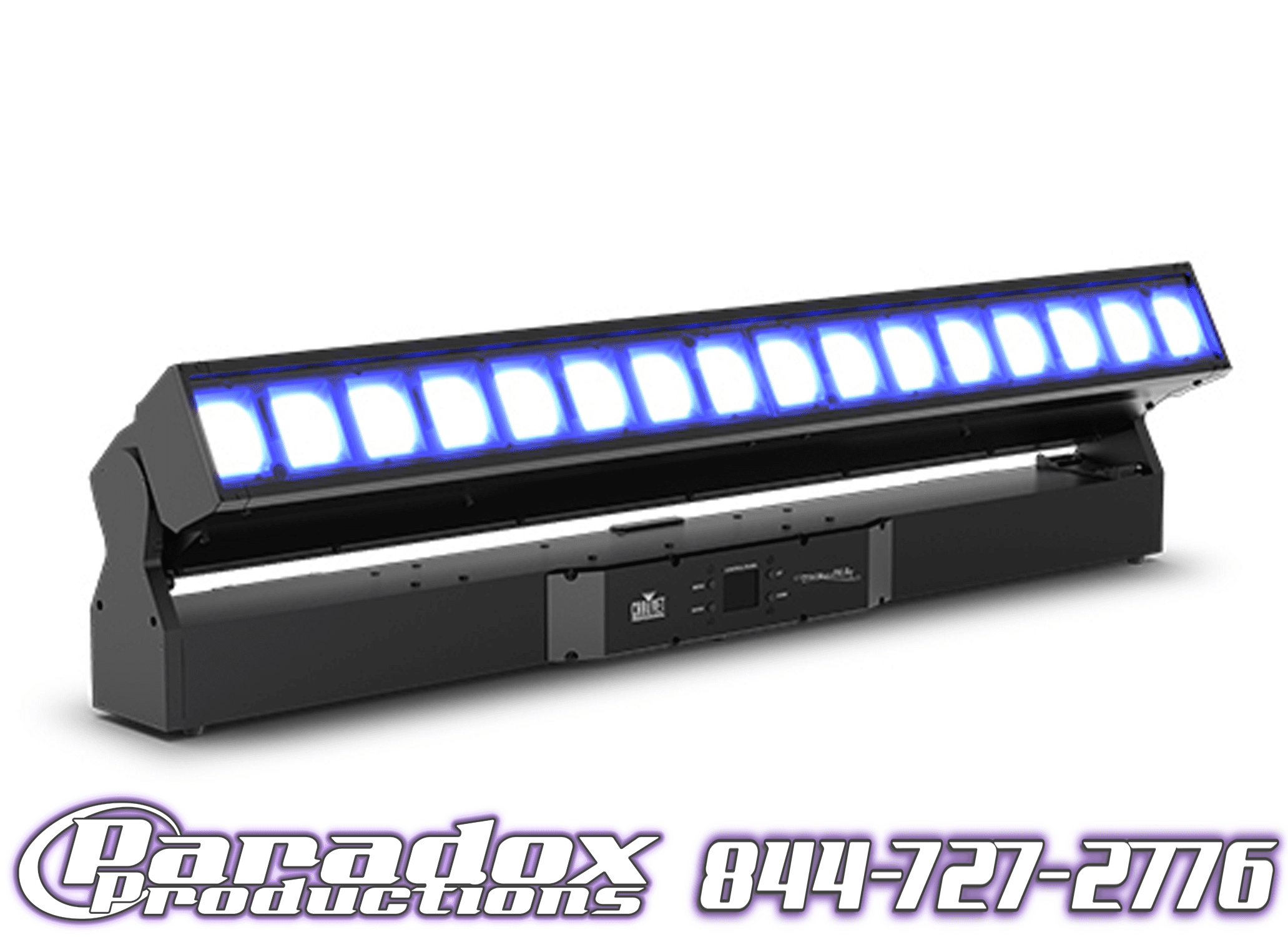 The Chauvet COLORado PXL Bar 16 stage lighting fixture features multiple blue LED lights. Text on the image reads "Paradox Productions 844-727-2776.