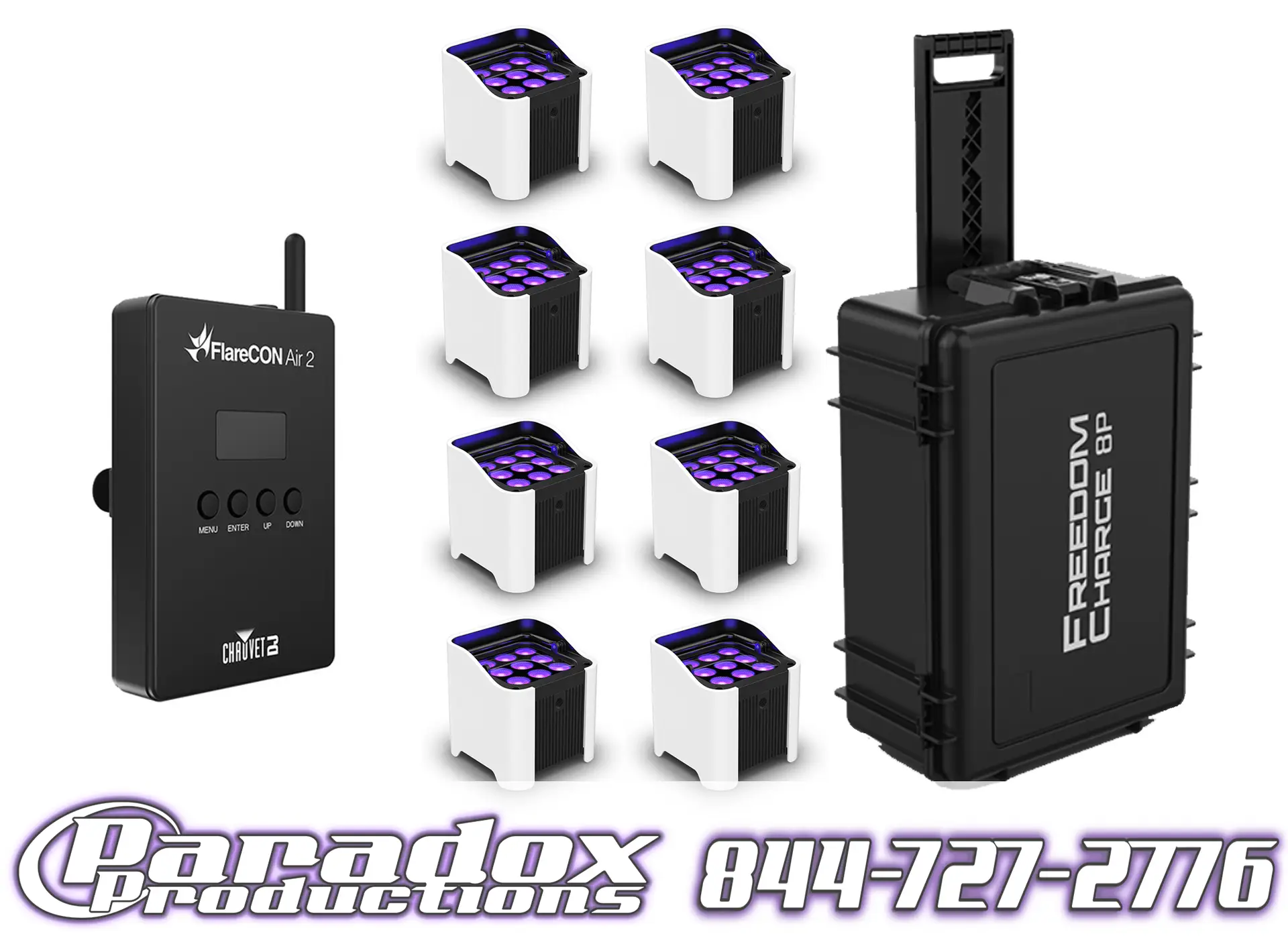 Image of six Chauvet LED uplights with Flarecon connectivity, a wireless controller, and the rugged "Freedom Charge 8P" case. Contact Paradox Productions at 844-727-2776 for innovative lighting solutions.