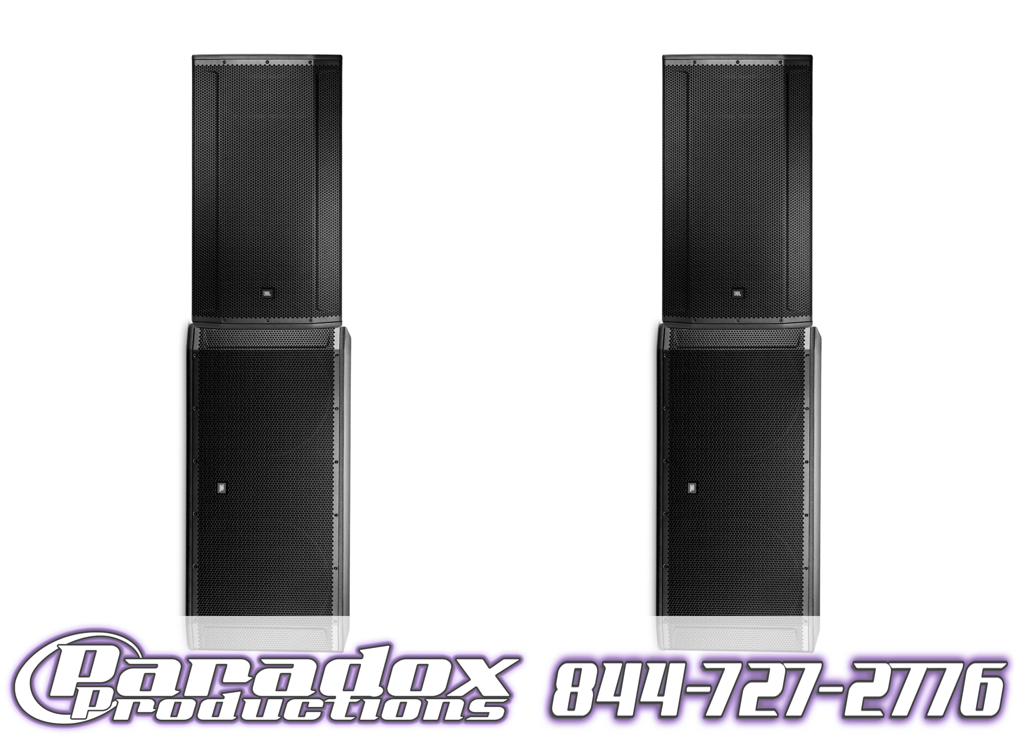 A pair of black speakers on a white background.