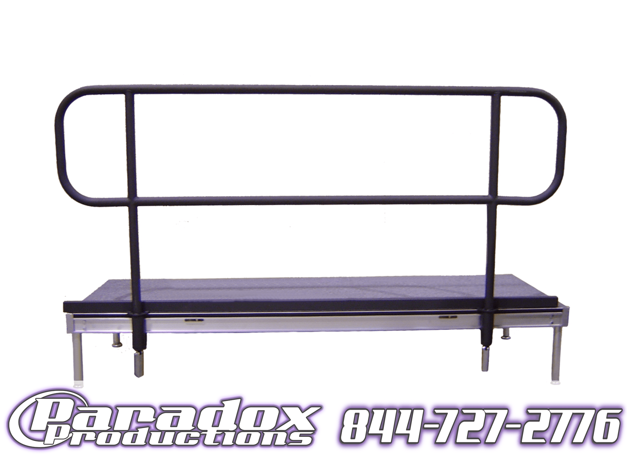 An 8' Stage Railing with a black handle available for stage rentals.