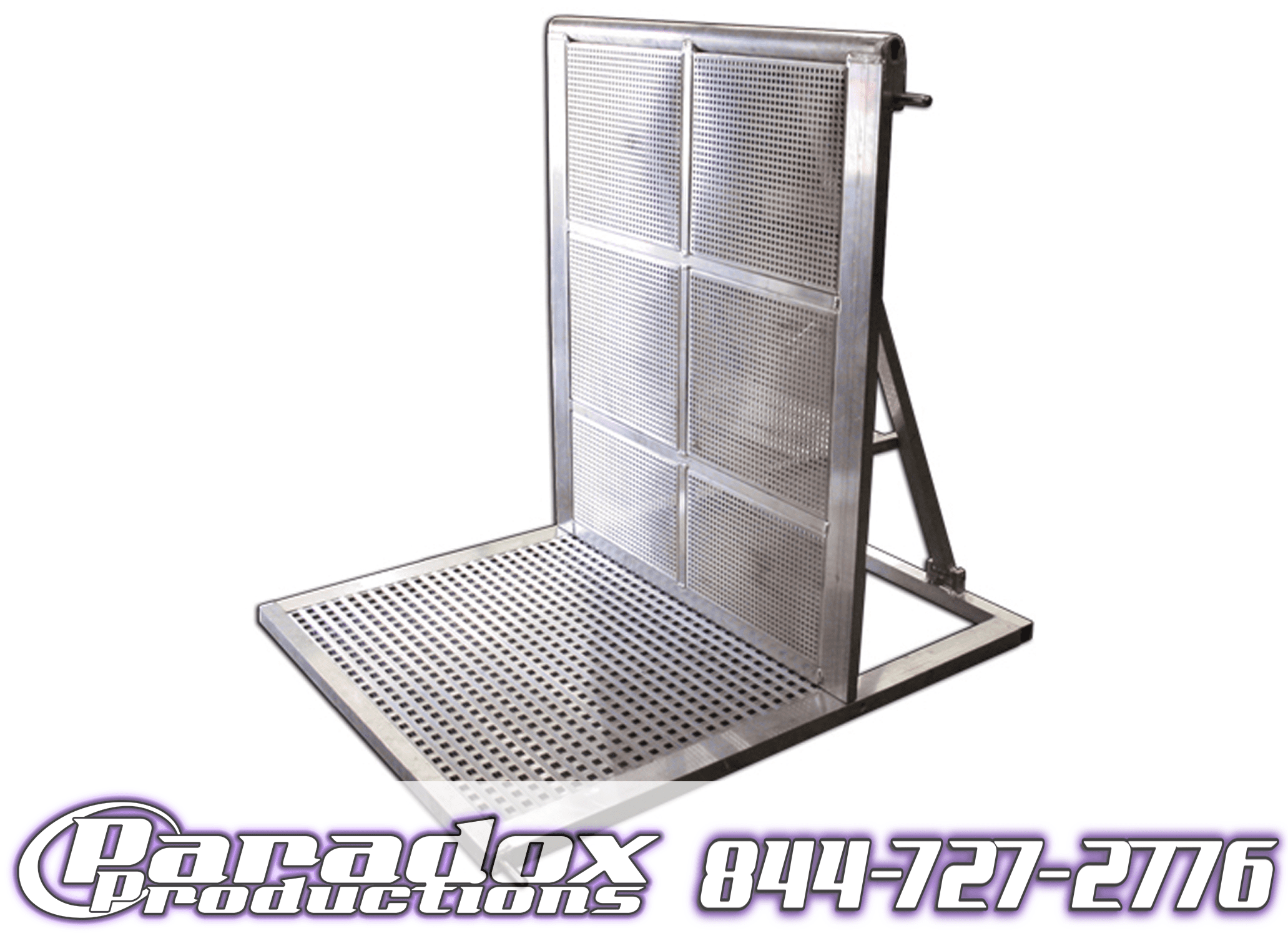 A stand labeled Crowd Barricade made of metal.