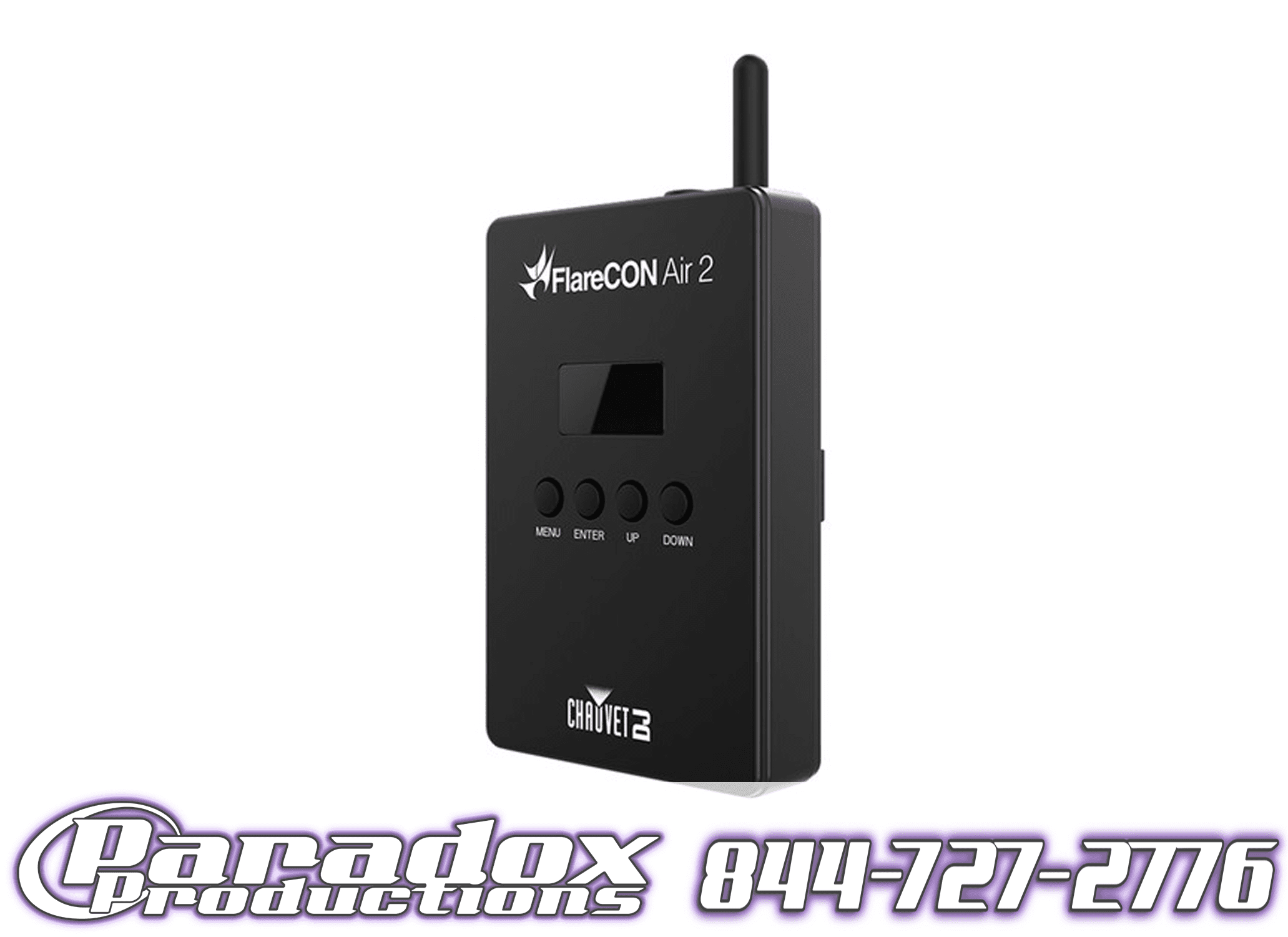 The Chauvet Flarecon is a wireless lighting control device with intuitive buttons. For inquiries, contact Paradox Productions at 844-727-2776.
