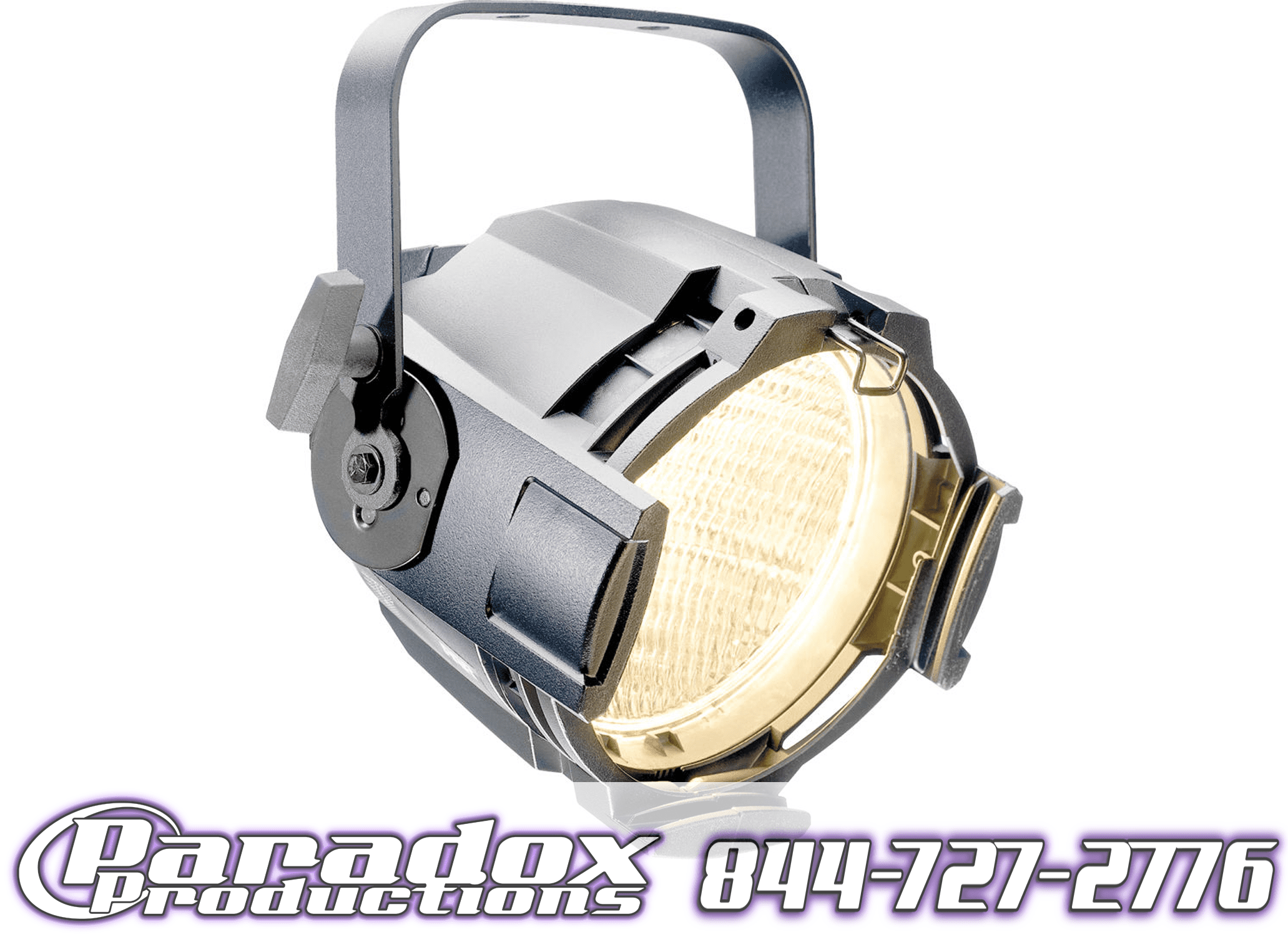 A stage light with the words paradox productions on it.