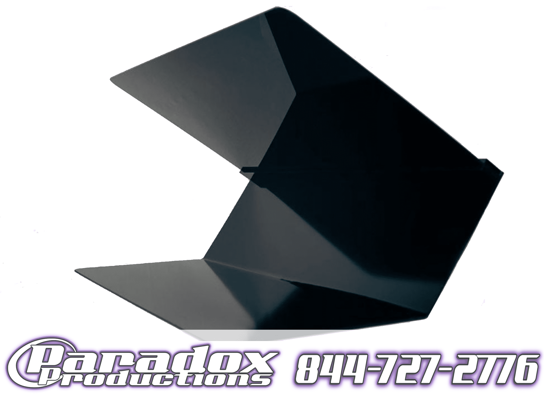 Geometric black paper plane on a white background with the text "Shadow CDJ Sun Cover Paradox Productions 844-727-2776" below it.
