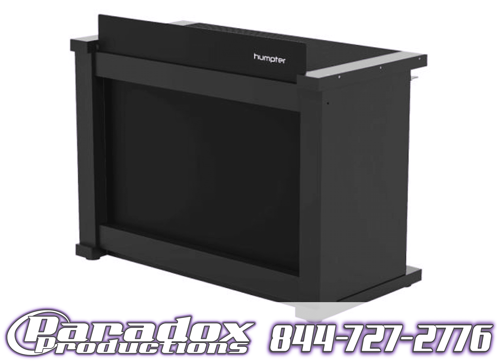The Humpter B3 DJ Booth, a sleek black electronic device with the brand name "Humpter" on it, is a stylish addition to any DJ setup. For inquiries, contact Paradox Productions at 844-727-2776, displayed at the bottom right.