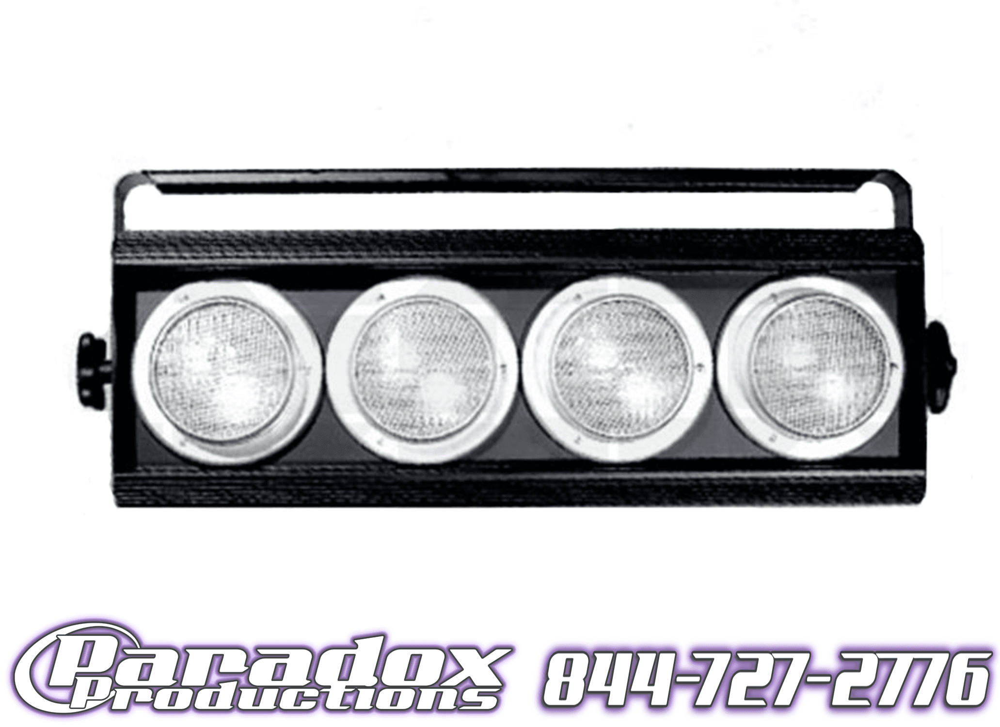 Four led lights in a black frame with a white background.