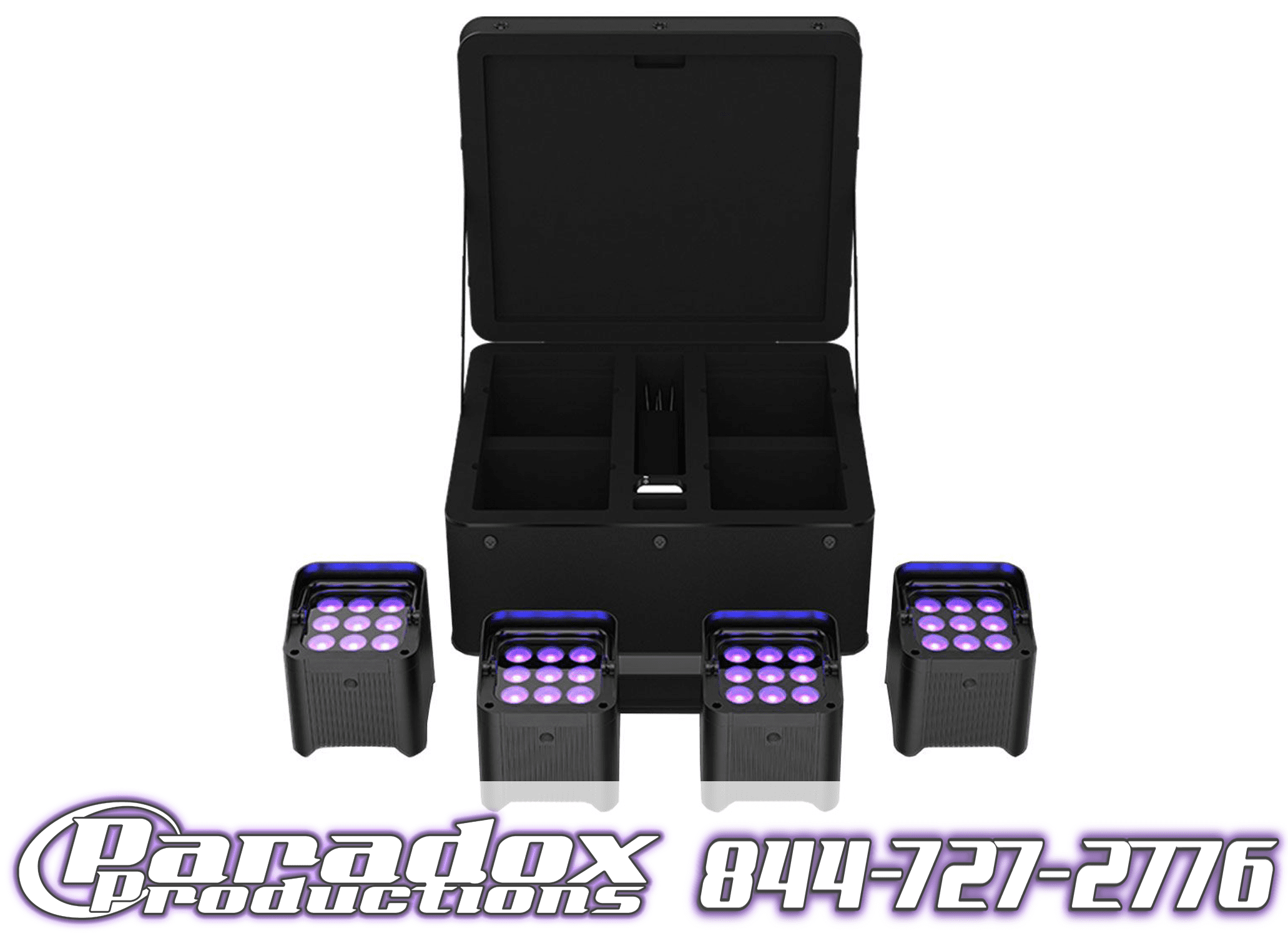 Four stage lights with purple LEDs, compatible with the Chauvet Flarecon lighting controller, are positioned in front of an open black carrying case. At the bottom, "Paradox Productions" is displayed along with a phone number.