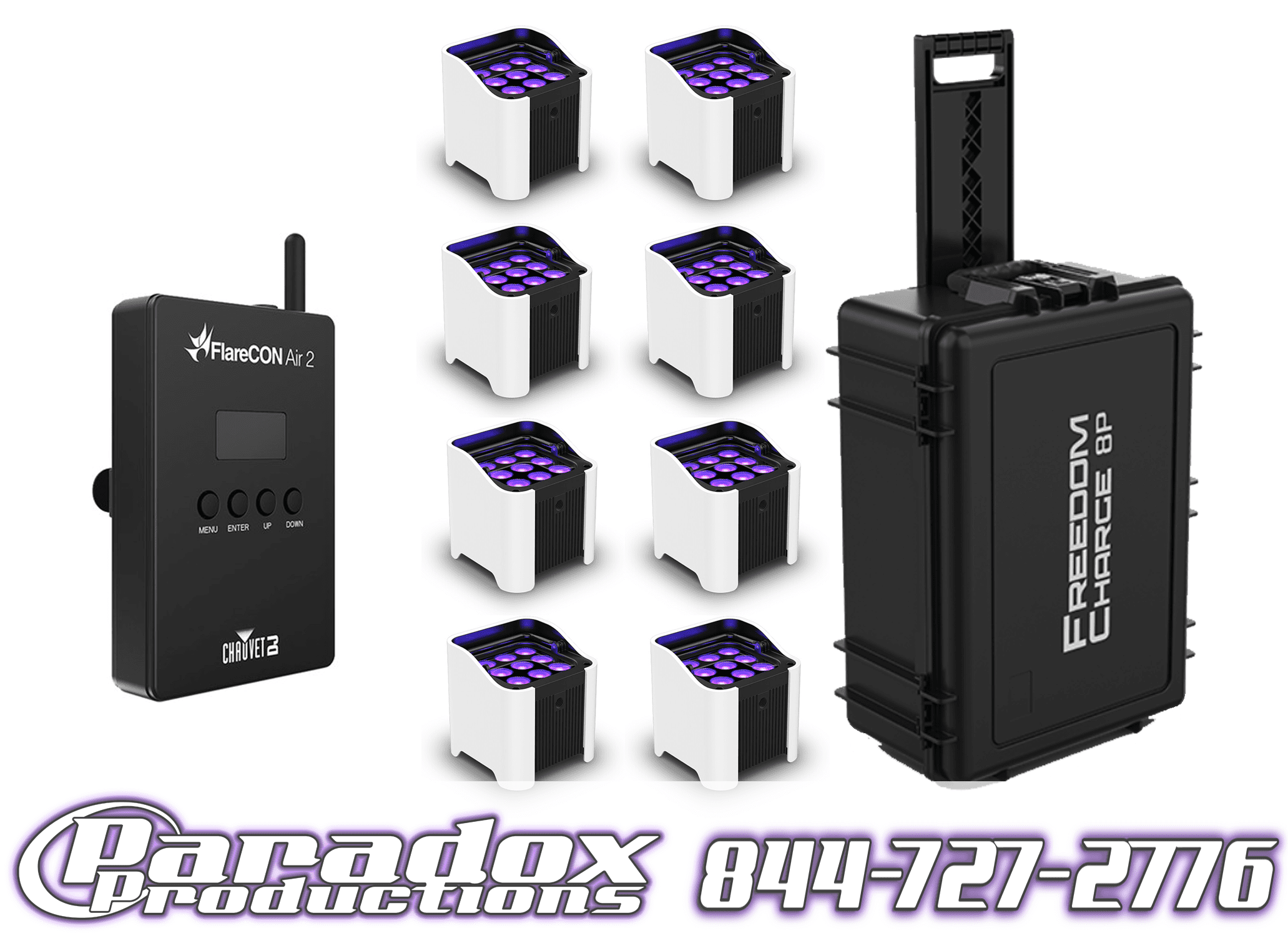 Image of six Chauvet LED uplights with Flarecon connectivity, a wireless controller, and the rugged "Freedom Charge 8P" case. Contact Paradox Productions at 844-727-2776 for innovative lighting solutions.