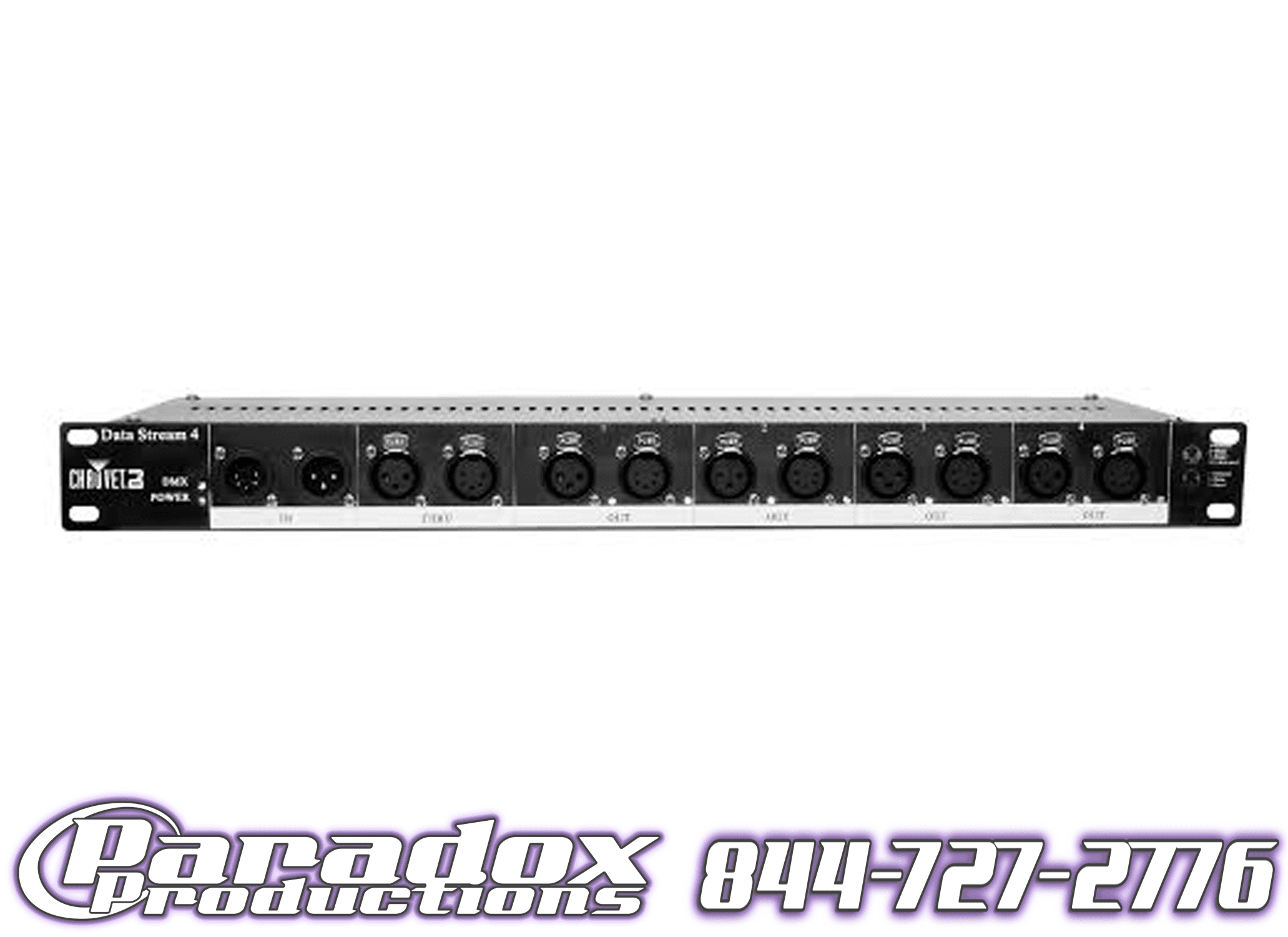 The Chauvet Data Stream 4 is a rack-mounted switch with multiple ports. It features branding from Paradox Productions and prominently displays the contact number, ensuring optimal connectivity.