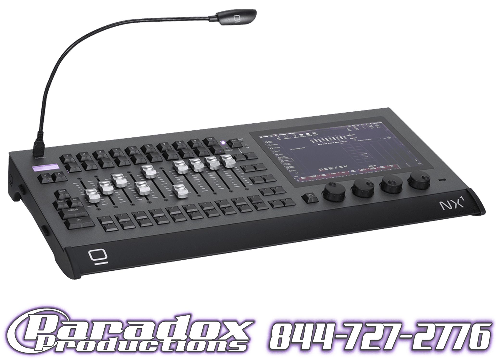 The Onyx NX1 lighting control console in black features sliders, knobs, and a screen that shows various settings. It includes an attached microphone for smooth coordination. Below the console, the Paradox Productions logo and phone number are prominently displayed for convenient access to professional support.