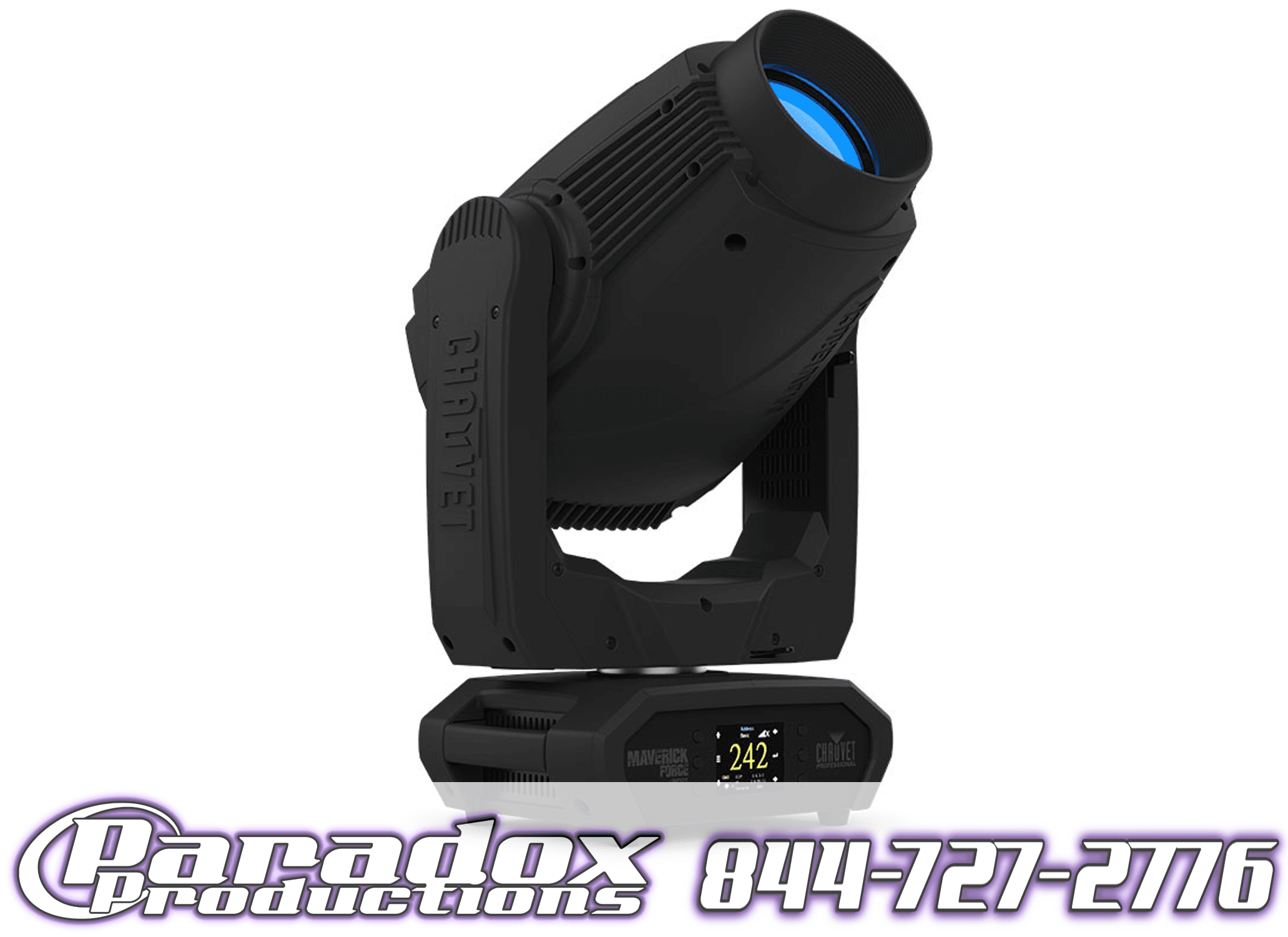The Chauvet Maverick Force S Spot stage spotlight prominently features the "Chauvet" branding and innovative technology, with Paradox Productions' logo and contact info elegantly displayed at the bottom.