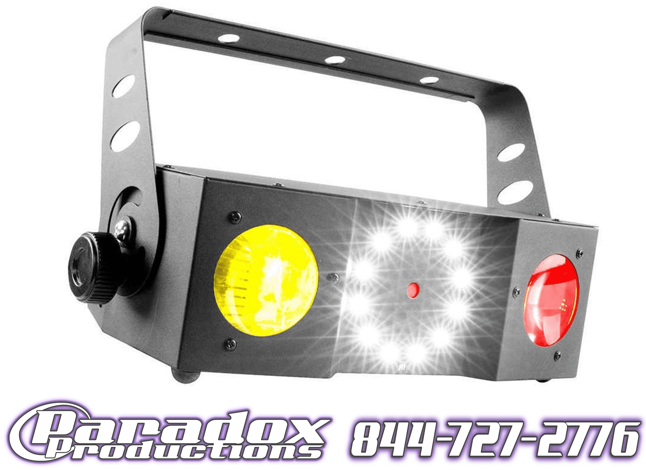 A dj light with a red and yellow light.