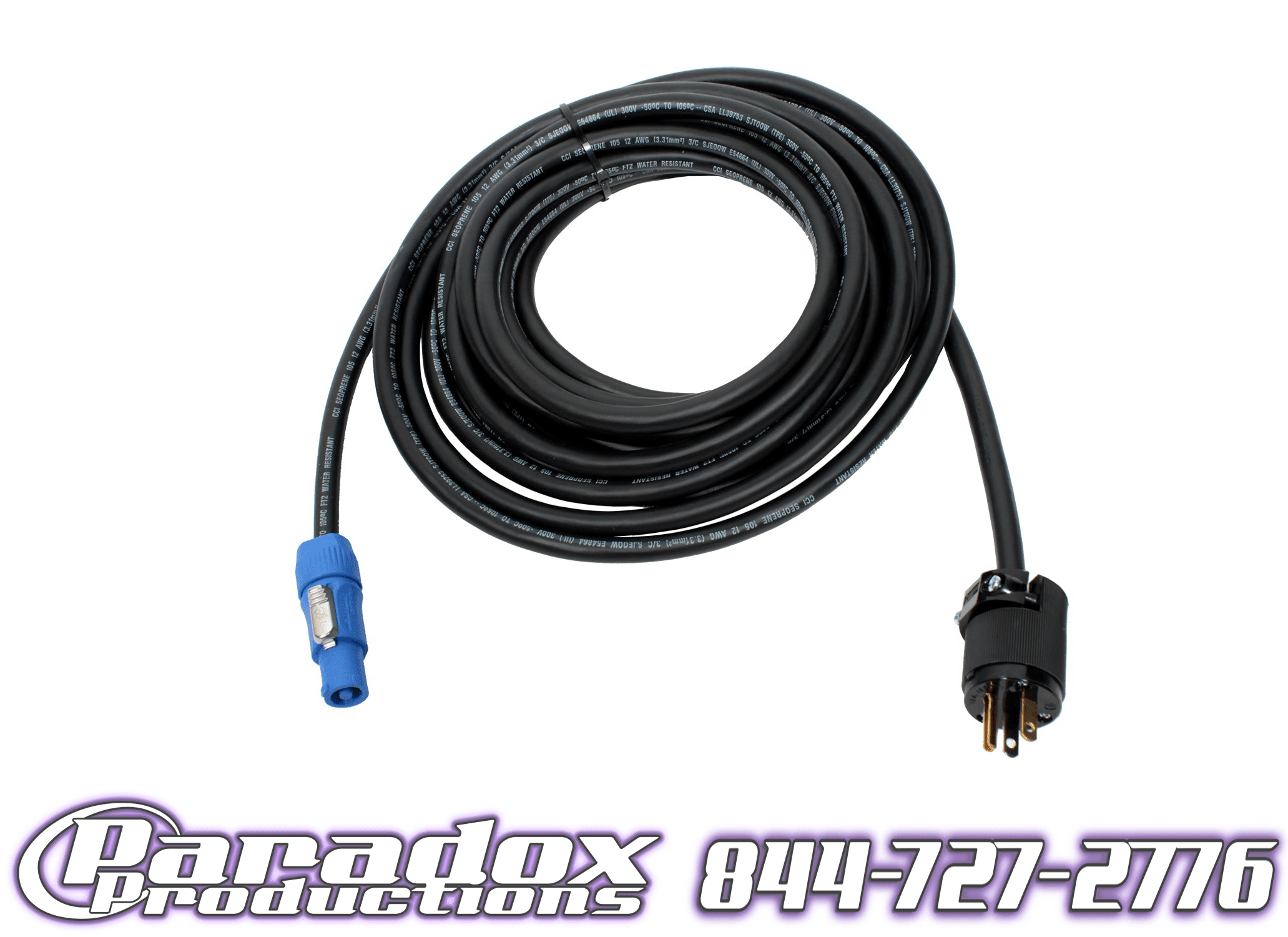 A Powercon-Edison cable with a blue plug.