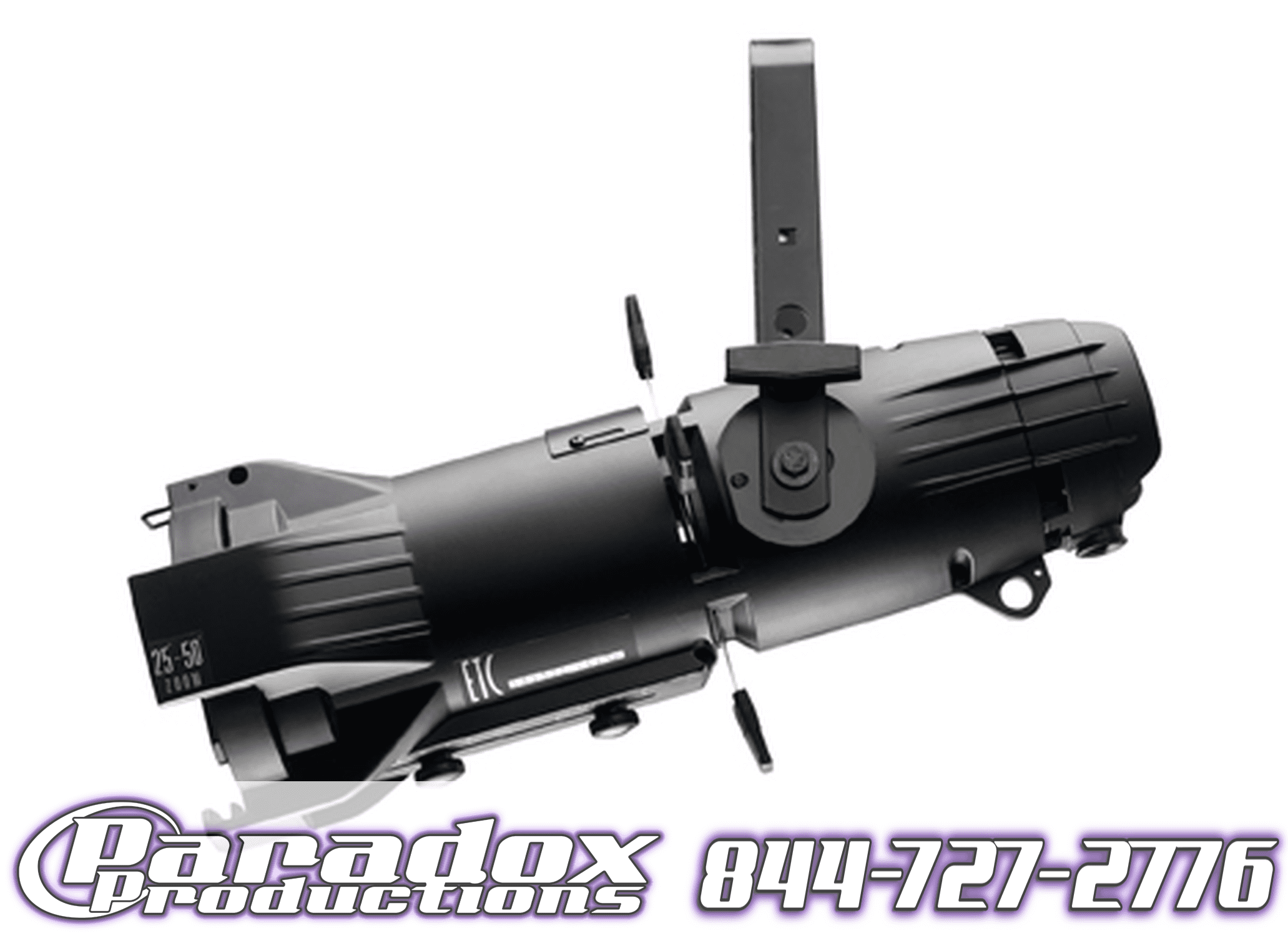 A black stage light with a white background.