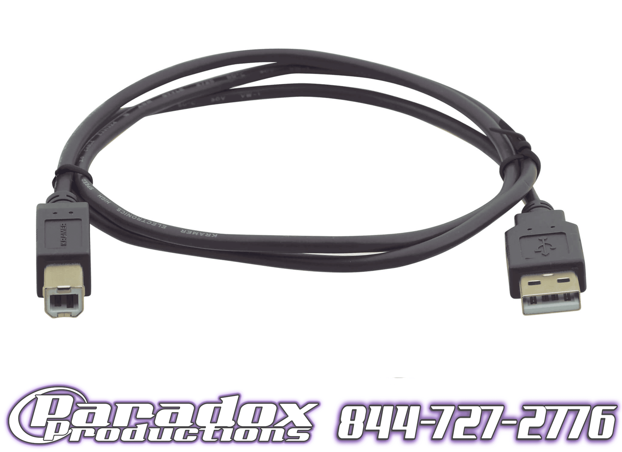 A USB-A to USB-B cable with a black connector.