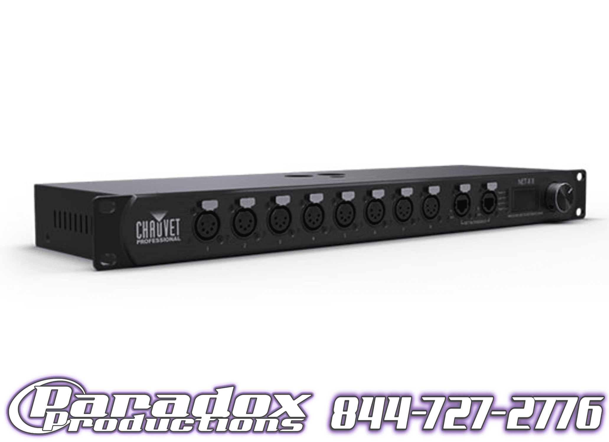 A black rack-mounted DMX splitter/distributor featuring multiple ports and branded "Chauvet Net-X 2," compatible with the Net-X 2 lighting console. The image also includes the text "Paradox Productions" and a phone number.
