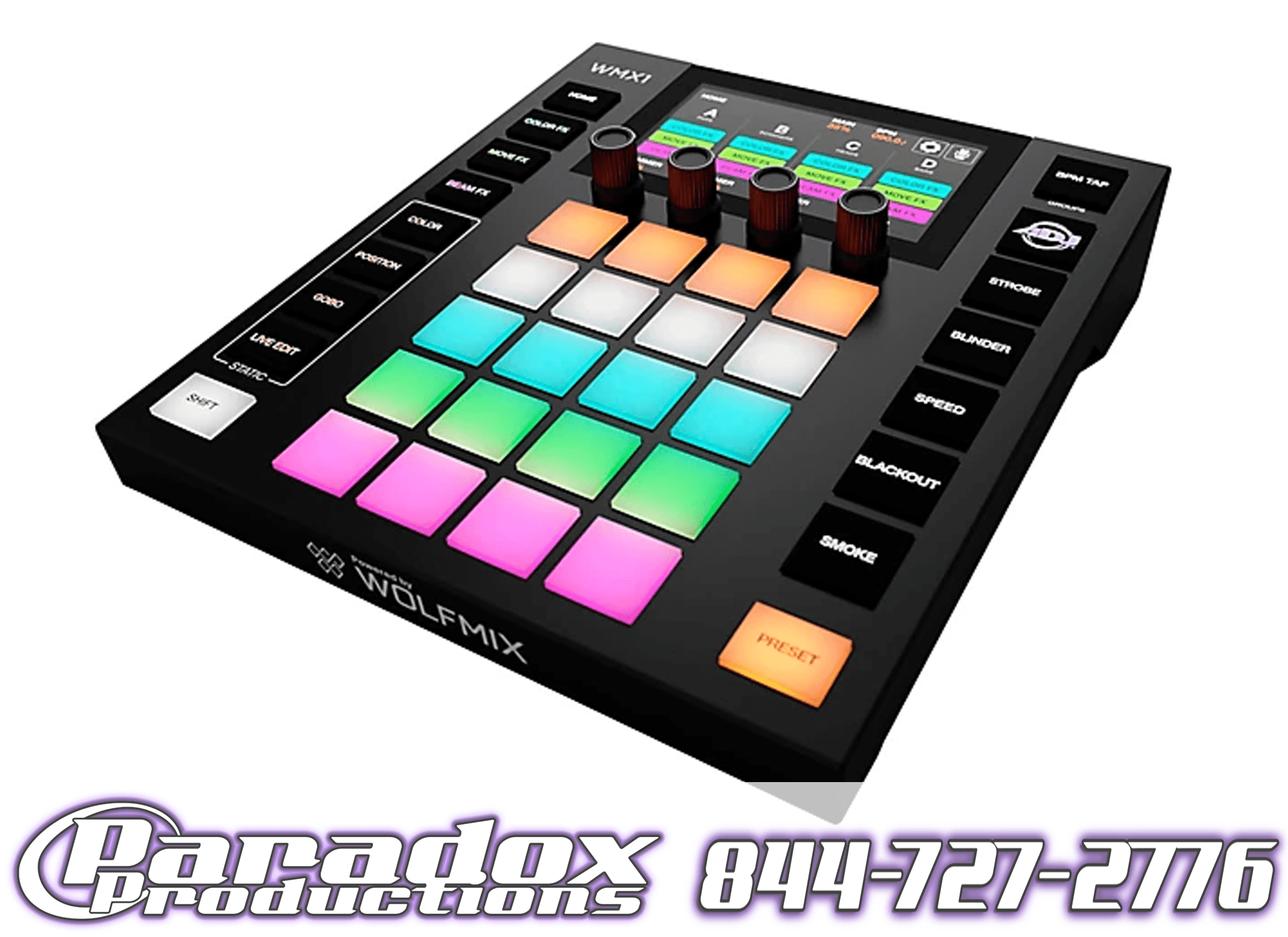 The ADJ Wolfmix MK2 device, featuring vibrant buttons and knobs, is perfect for music or light control. With the ADJ design aesthetic, it proudly displays the Paradox Productions logo and contact number at the bottom.