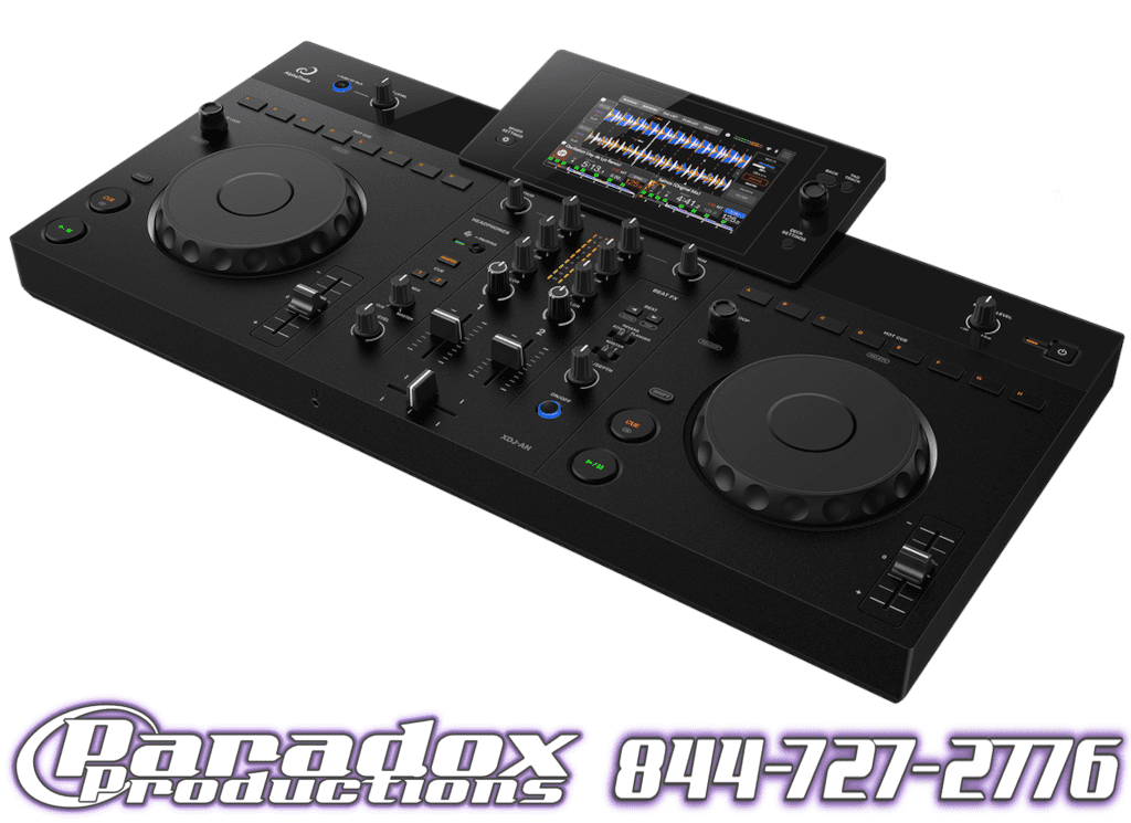 AlphaTheta XDJ-AN DJ controller with a central display, multiple knobs, faders, and jog wheels. “Paradox Productions” and contact info appear below.