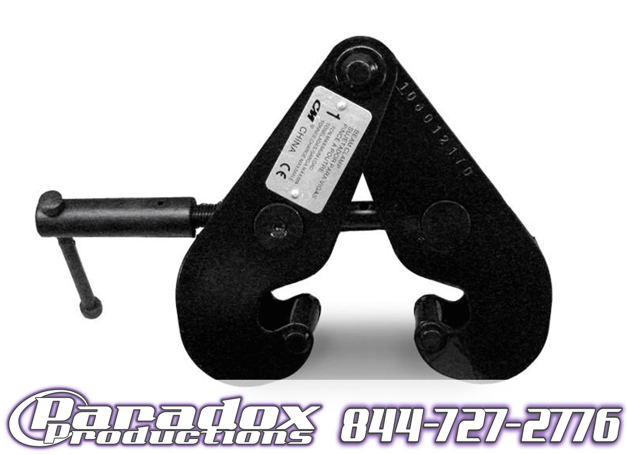 A black 1-Ton Beam Clamp with paradox productions inscription.
