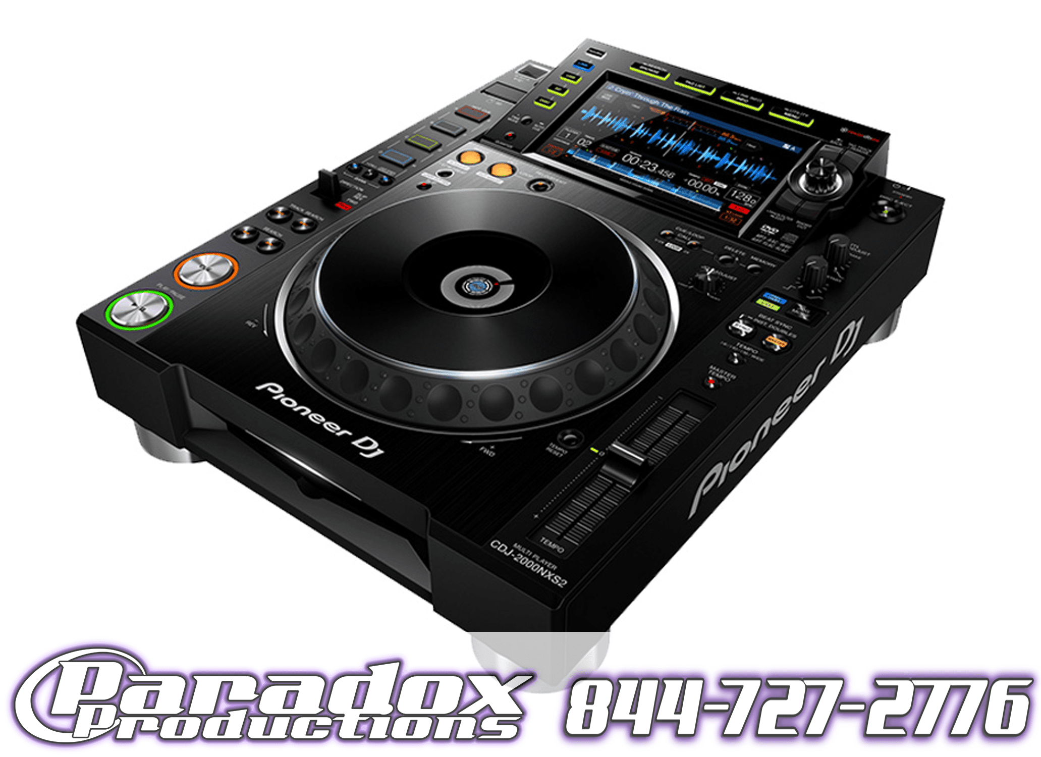 A Pioneer CDJ-2000NXS2 with the Paradox Productions logo on it available for rental.