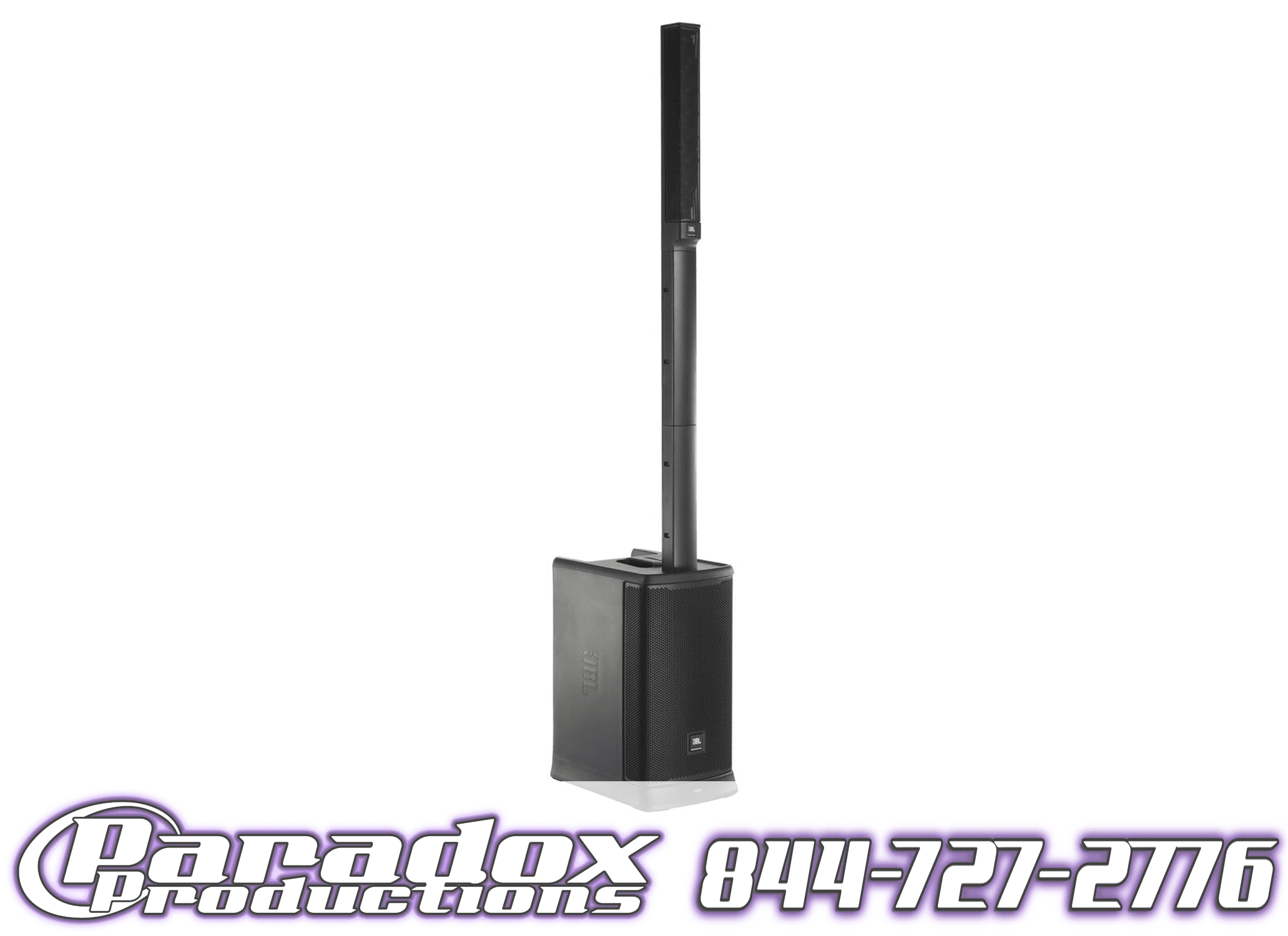 A black JBL Eon One Mk2 speaker with a logo on it.