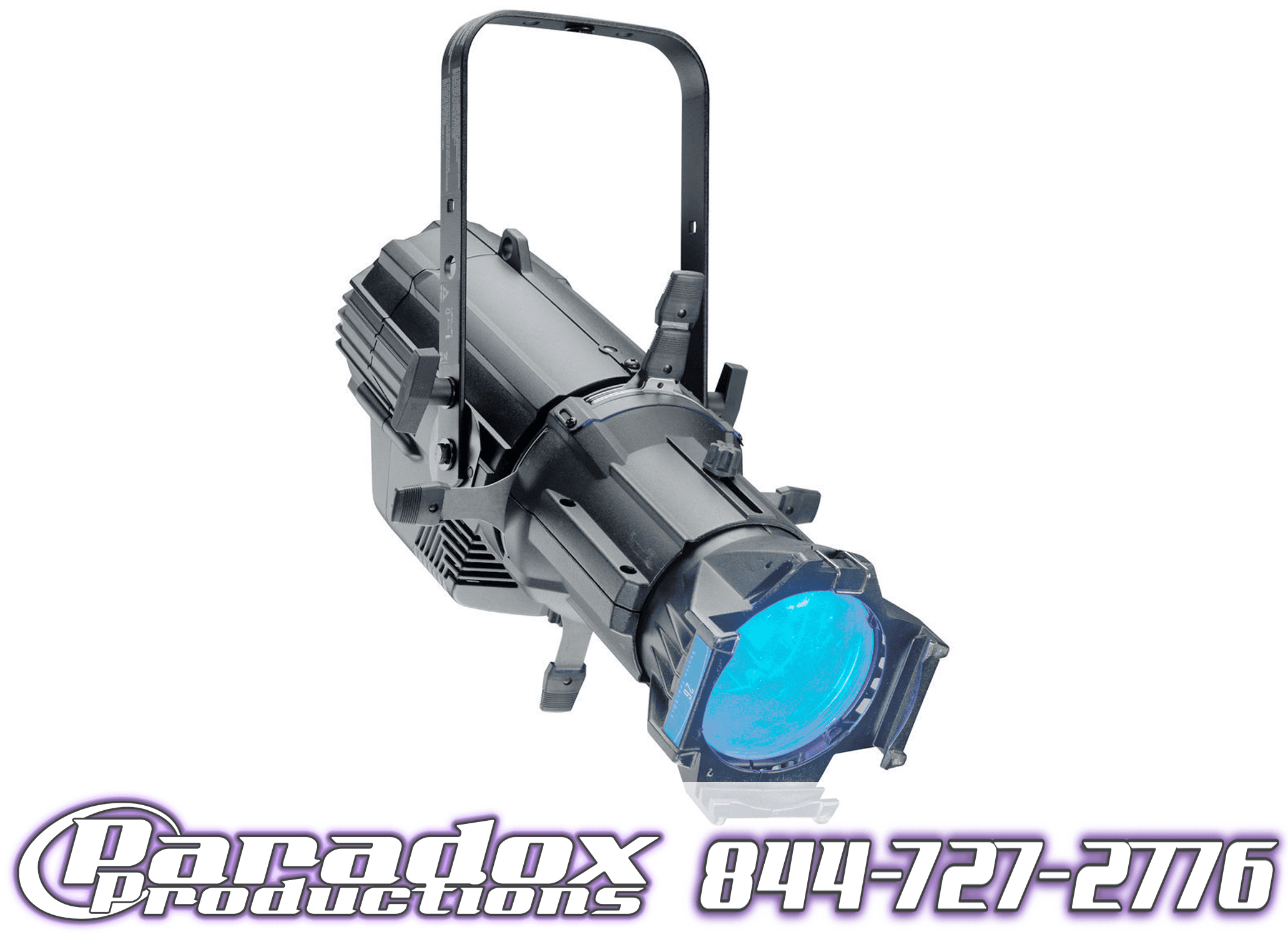 A stage light with a blue light on it.